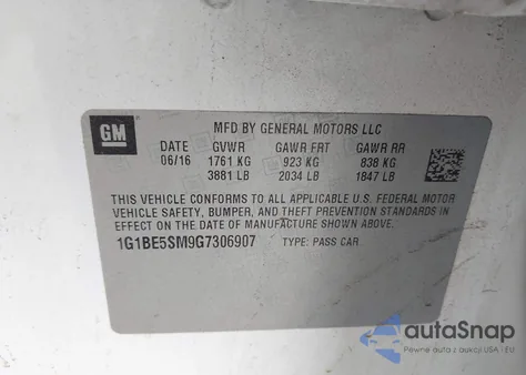 2016 Chevrolet Cruze Lt Auto из США, поврежденный, VIN 1G1BE5SM9G7306907